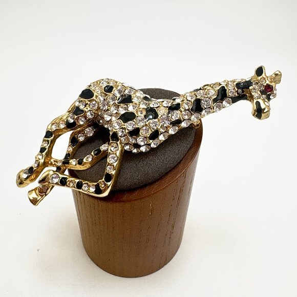 Gold Tone White Crystal & Black Enamel Giraffe Brooch Size 3.5" Length - Picture 3 of 11